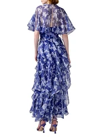 Cabana Floral Silk Ruffled Cape Midi-Dress