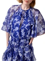 Cabana Floral Silk Ruffled Cape Midi-Dress