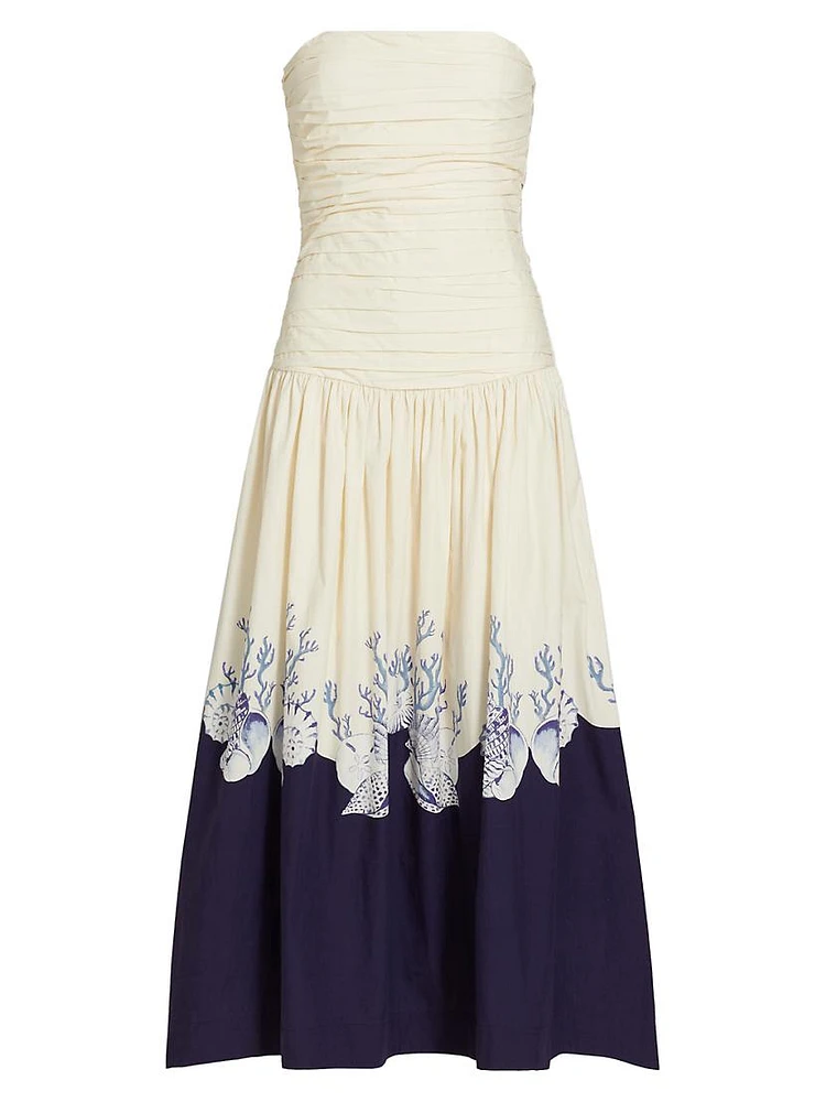 Malla Marine-Print Cotton Strapless Maxi Dress