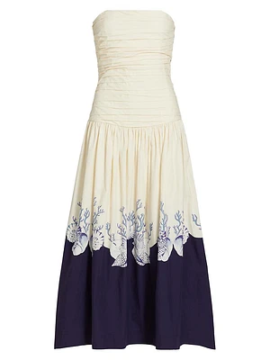 Malla Marine-Print Cotton Strapless Maxi Dress