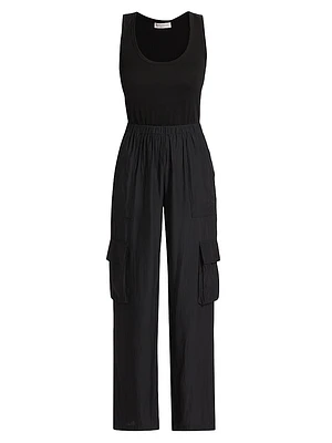 Carys Mixed-Media Cargo Straight-Leg Jumpsuit
