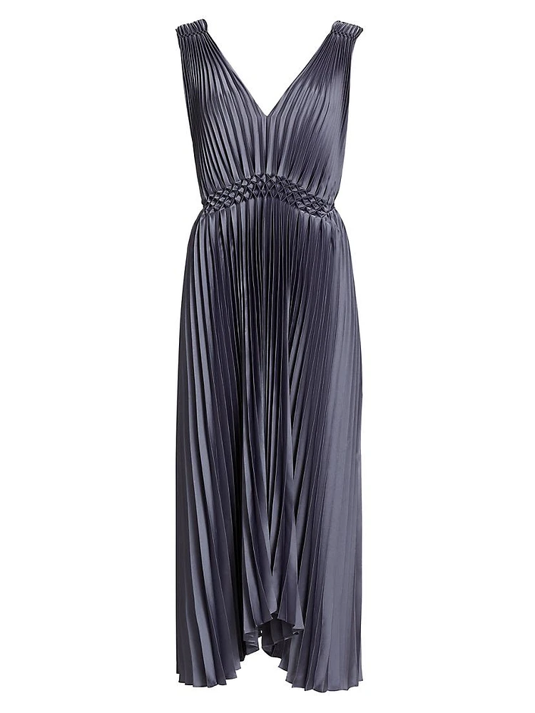 Smocked Pleated Midi-Dress