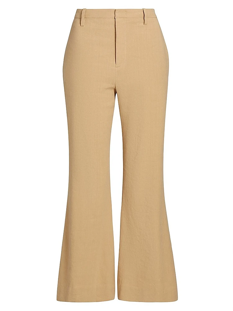 Stretch Linen Mid-Rise Crop Flare Trousers