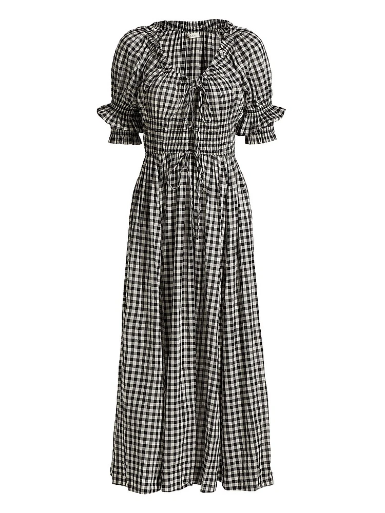 Ischia Gingham Cotton Tie-Waist Midi Dress