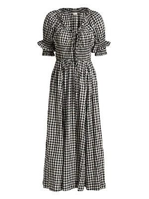 Ischia Gingham Cotton Tie-Waist Midi Dress