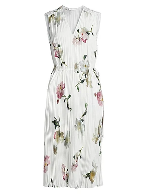 Wilted Peony Pleated V-Neck Midi-Dress