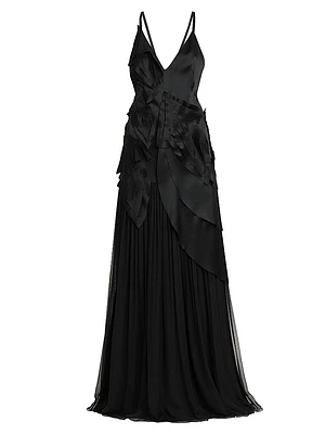 Appliquéd Satin & Chiffon Crisscross Back Gown