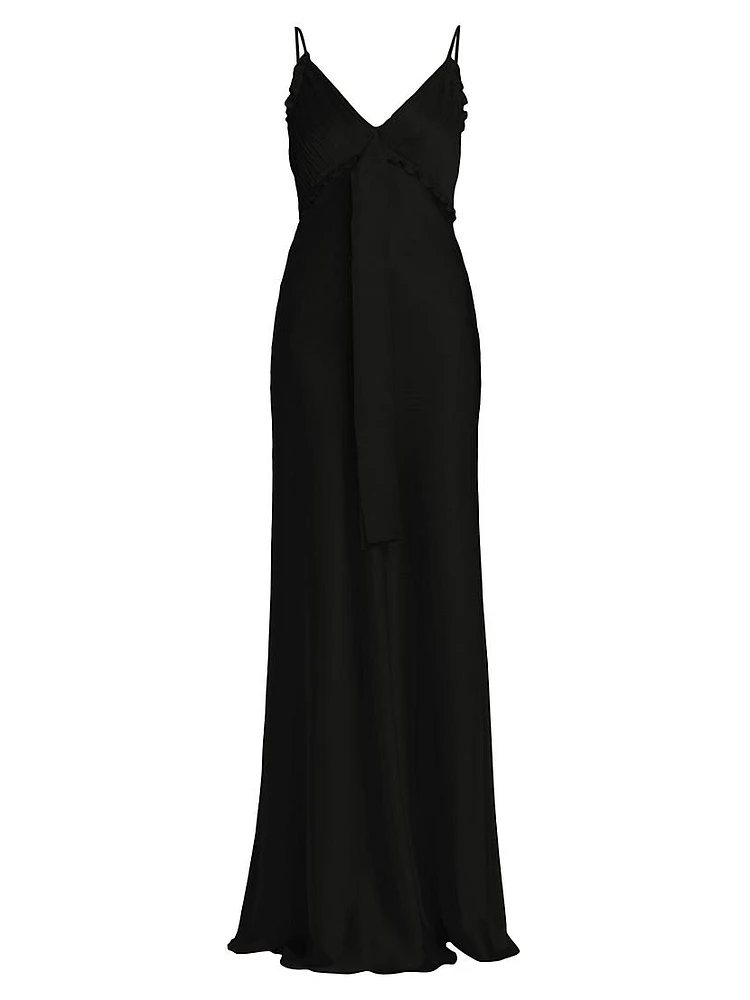 Ruffle-Trimmed Satin Sleeveless Gown