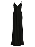 Ruffle-Trimmed Satin Sleeveless Gown