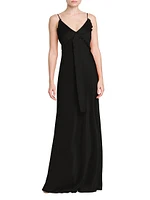 Ruffle-Trimmed Satin Sleeveless Gown