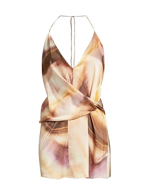 Lacey Abstract Print Satin Tie-Waist Minidress