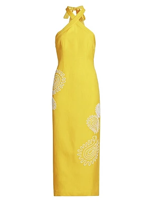 Carly Embroidered Linen-Blend Halterneck Midi-Dress