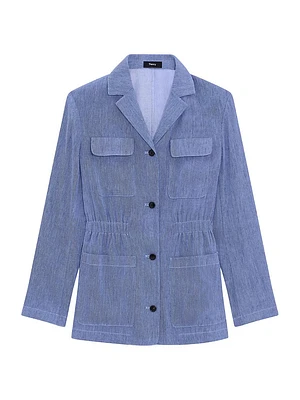 Stretch-Linen Cinch-Waist Denim Jacket