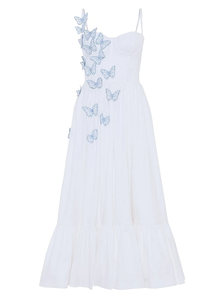 Butterfly Appliqué Cotton Poplin A-Line Midi-Dress
