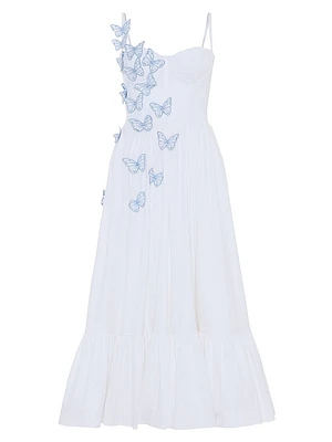 Butterfly Appliqué Cotton Poplin A-Line Midi-Dress