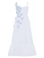 Butterfly Appliqué Cotton Poplin A-Line Midi-Dress