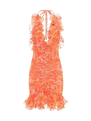 Myosotis Floral Ruched Plunging V-Halterneck Minidress