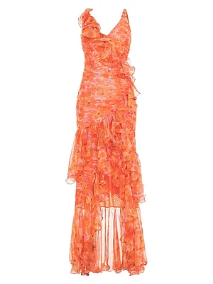 Myosotis Floral Chiffon & Tulle Ruffle Gown