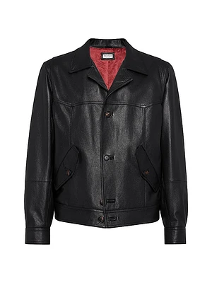 Grained Leather Outerwear Jacket with Camp Collar