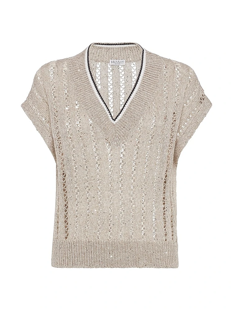 Linen Dazzling Ribbed Net Knit T-Shirt