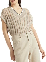 Linen Dazzling Ribbed Net Knit T-Shirt