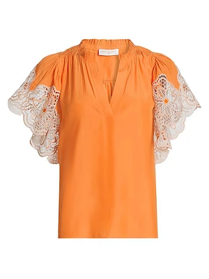 Esti Lace-Trim Split Neck Flutter-Sleeve Top