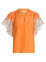 Esti Lace-Trim Split Neck Flutter-Sleeve Top