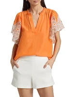 Esti Lace-Trim Split Neck Flutter-Sleeve Top