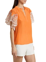 Esti Lace-Trim Split Neck Flutter-Sleeve Top