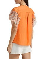 Esti Lace-Trim Split Neck Flutter-Sleeve Top