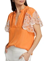 Esti Lace-Trim Split Neck Flutter-Sleeve Top
