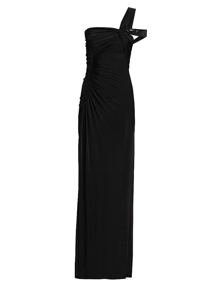 Knotted One-Shoulder Column Gown