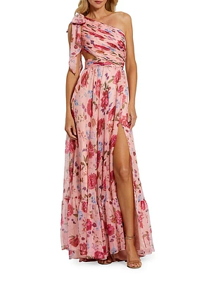 Floral Chiffon Cut-Out One-Shoulder Gown