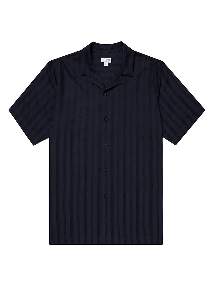 Embroidered Stripe Cotton Short-Sleeve Button-Front Shirt