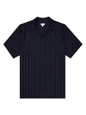Embroidered Stripe Cotton Short-Sleeve Button-Front Shirt
