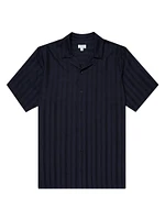 Embroidered Stripe Cotton Short-Sleeve Button-Front Shirt