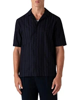 Embroidered Stripe Cotton Short-Sleeve Button-Front Shirt