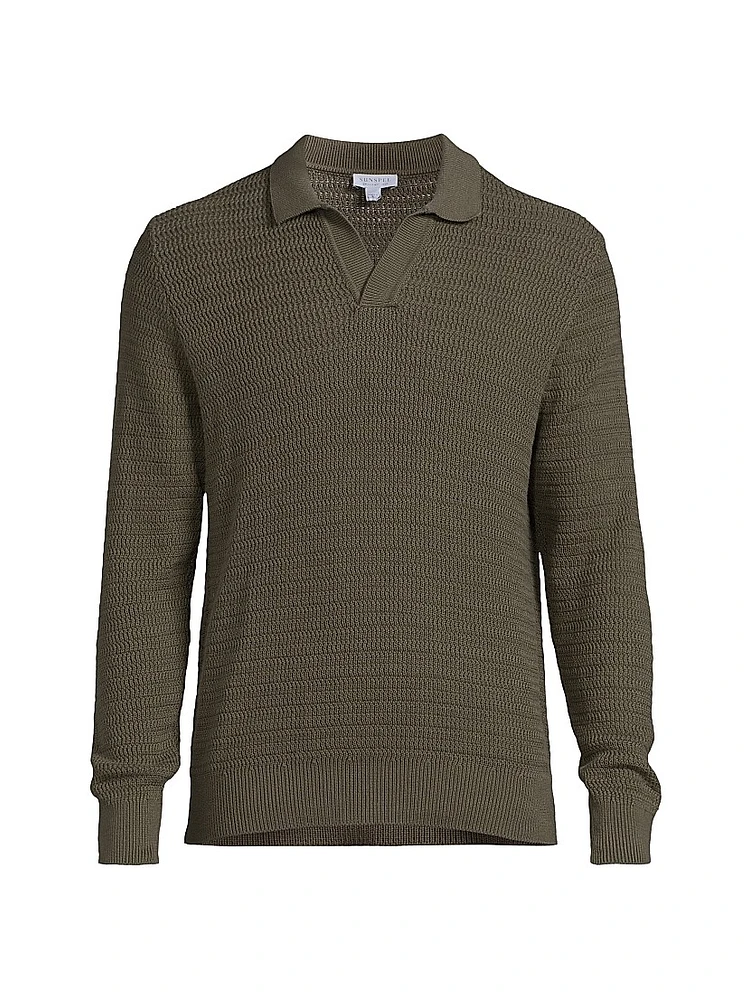 Textured Knit Cotton Split Neck Shirt