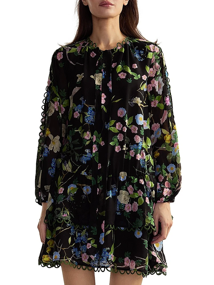 Floral Silk Dropwaist Ruffled-Hem Minidress