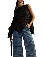 Sheer-Paneled Silk Side-Tie Sleeveless Blouse