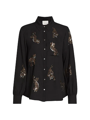 Blanche Rhinestone Tiger Button-Front Top