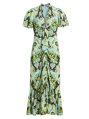 Peeta Damask Trumpet-Hem Midi-Dress