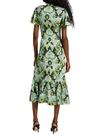 Peeta Damask Trumpet-Hem Midi-Dress