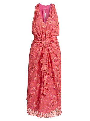 Athena Floral Gathered-Front Sleeveless Midi-Dress