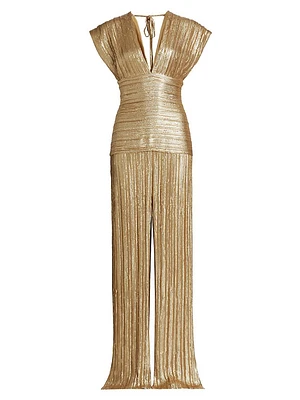 Metallic Plissé Dropwaist Column Gown