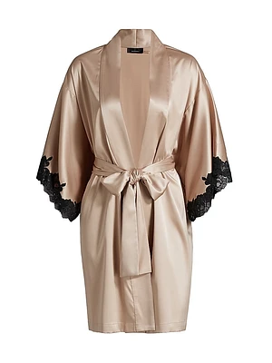Peony Glamour Satin-Lace Self-Tie Robe