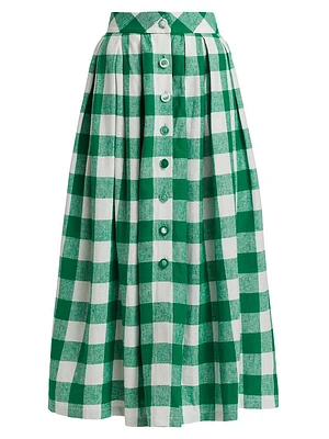 Eva Buffalo-Checked Linen-Blend Pleated Midi-Skirt