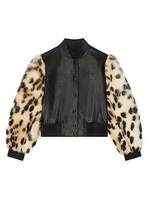 Varsity Jacket in Leather and Leopard Print Fur