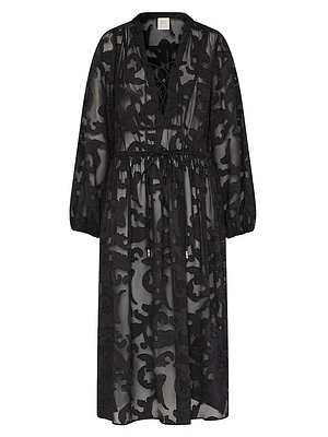Scroll Burnout Tie-Waist Maxi-Dress