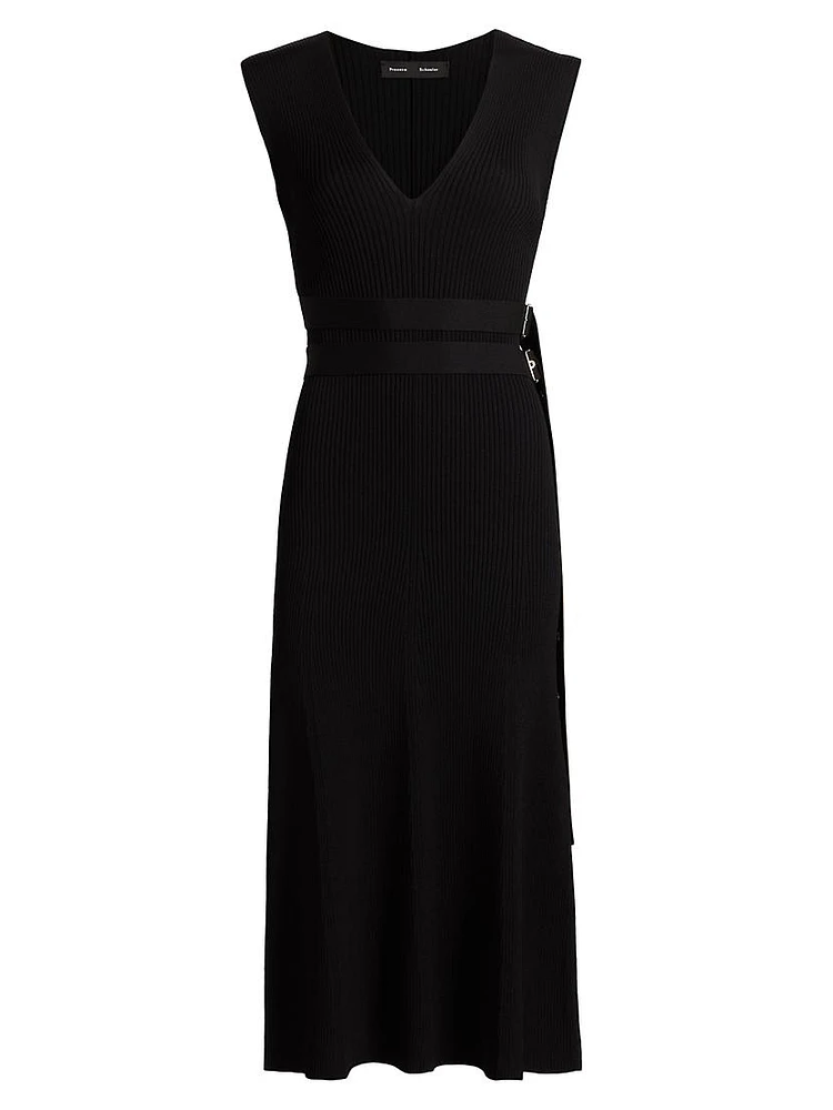 Madeline Belted Rib-Knit Sweater Midi-Dress